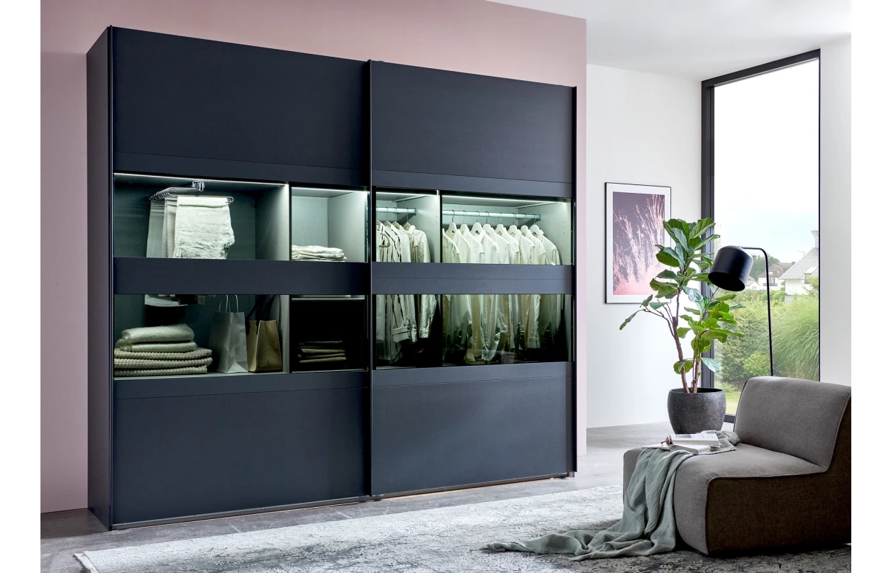 Šatní skříň Easy Plus, šířka 270 cm/výška 208 cm, grafit/sklo 6